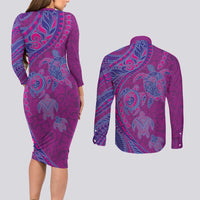 Hawaiian Turtles and Polynesian Art Tattoo Couples Matching Long Sleeve Bodycon Dress and Long Sleeve Button Shirt Cerise