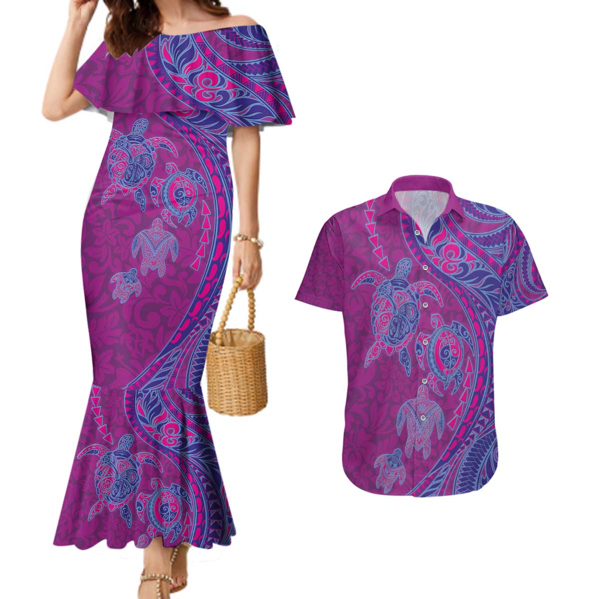 Hawaiian Turtles and Polynesian Art Tattoo Couples Matching Mermaid Dress and Hawaiian Shirt Cerise LT03 Pink - Polynesian Pride