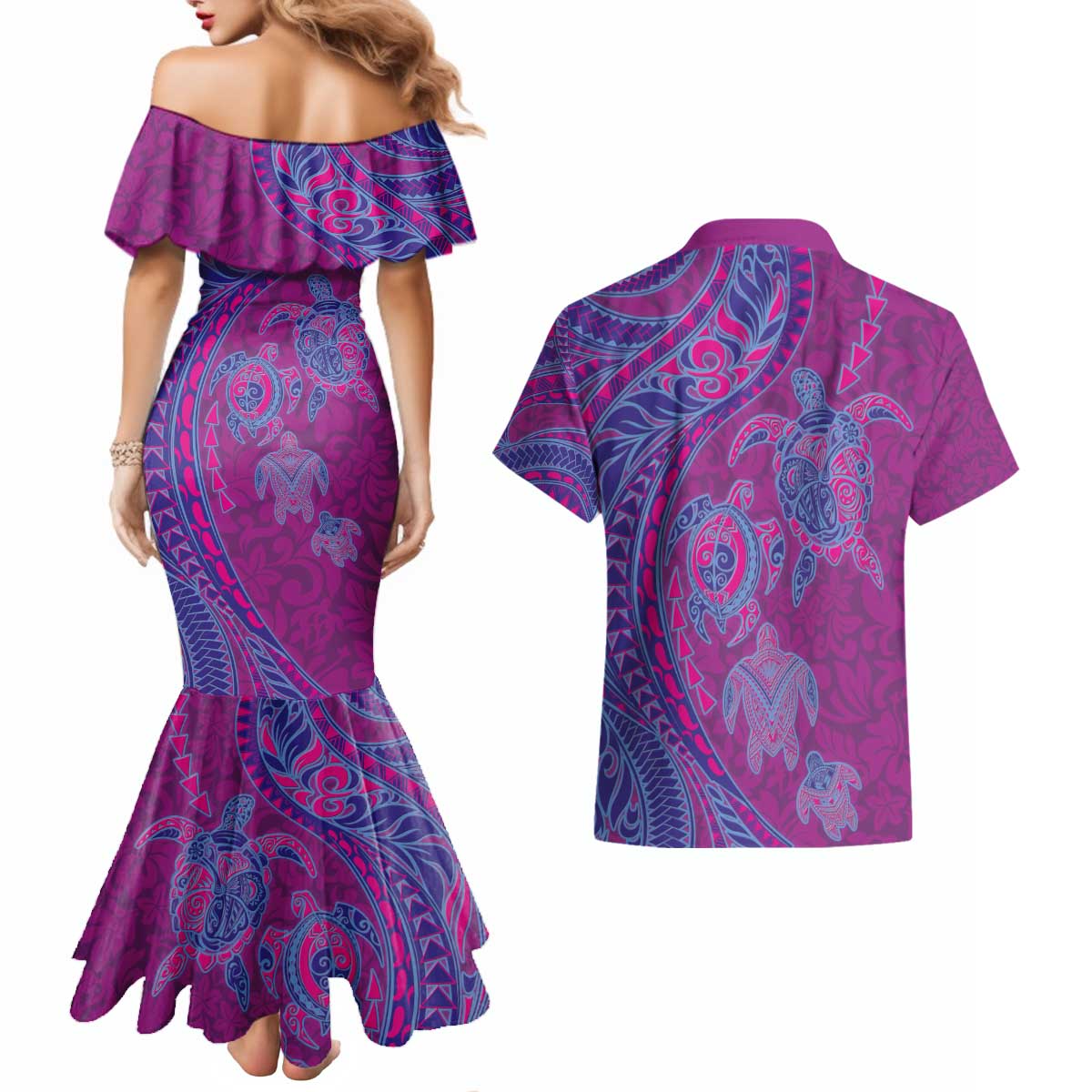 Hawaiian Turtles and Polynesian Art Tattoo Couples Matching Mermaid Dress and Hawaiian Shirt Cerise LT03 - Polynesian Pride