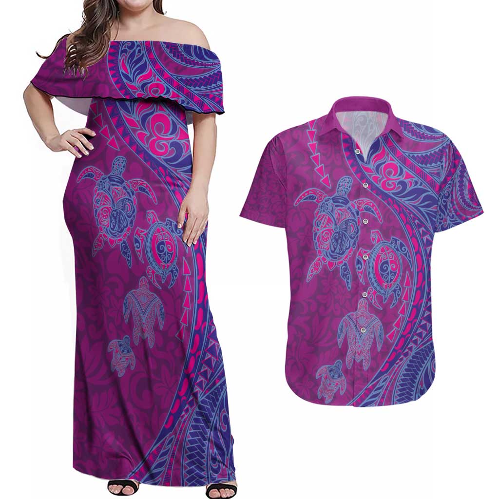 Hawaiian Turtles and Polynesian Art Tattoo Couples Matching Off Shoulder Maxi Dress and Hawaiian Shirt Cerise LT03 Pink - Polynesian Pride