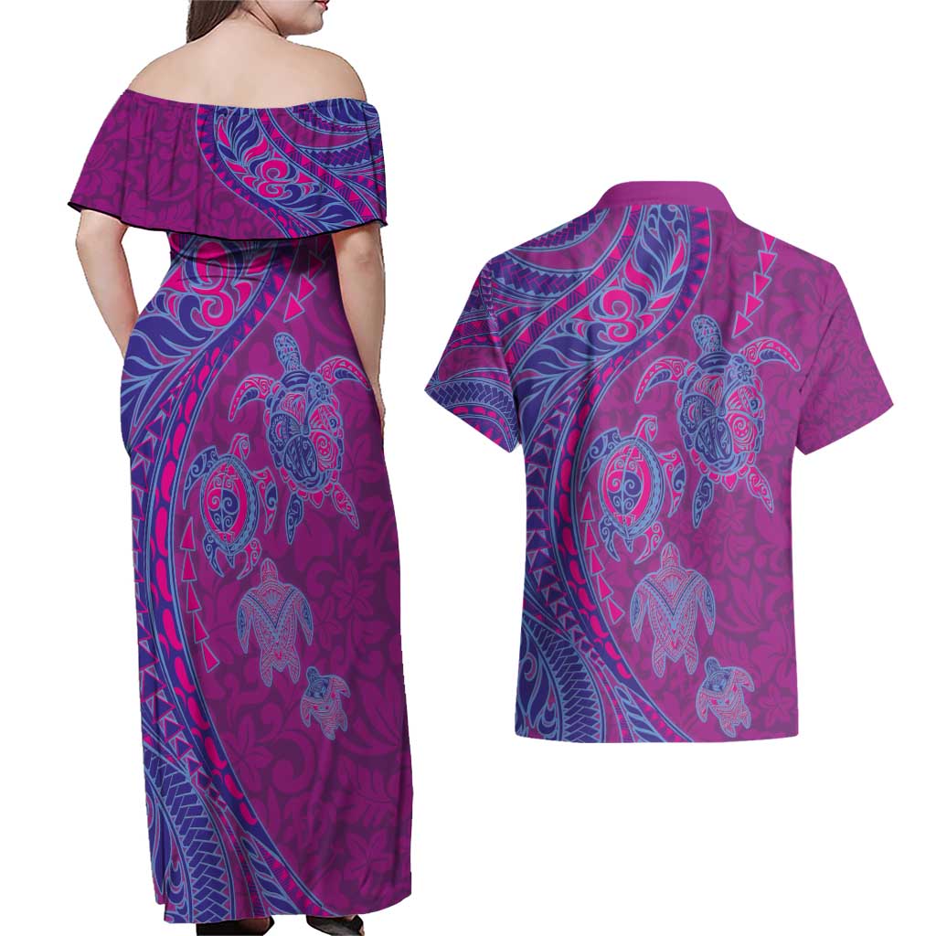 Hawaiian Turtles and Polynesian Art Tattoo Couples Matching Off Shoulder Maxi Dress and Hawaiian Shirt Cerise LT03 - Polynesian Pride