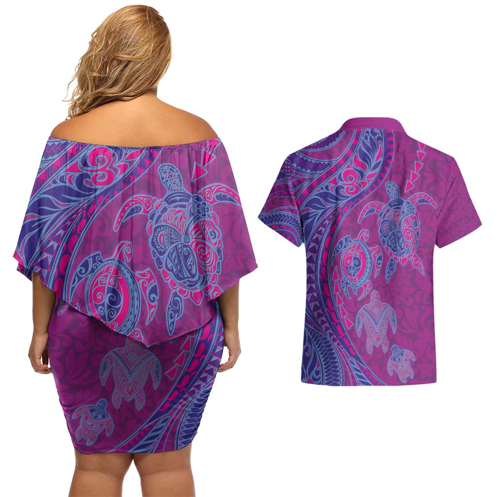 Hawaiian Turtles and Polynesian Art Tattoo Couples Matching Off Shoulder Short Dress and Hawaiian Shirt Cerise LT03 - Polynesian Pride