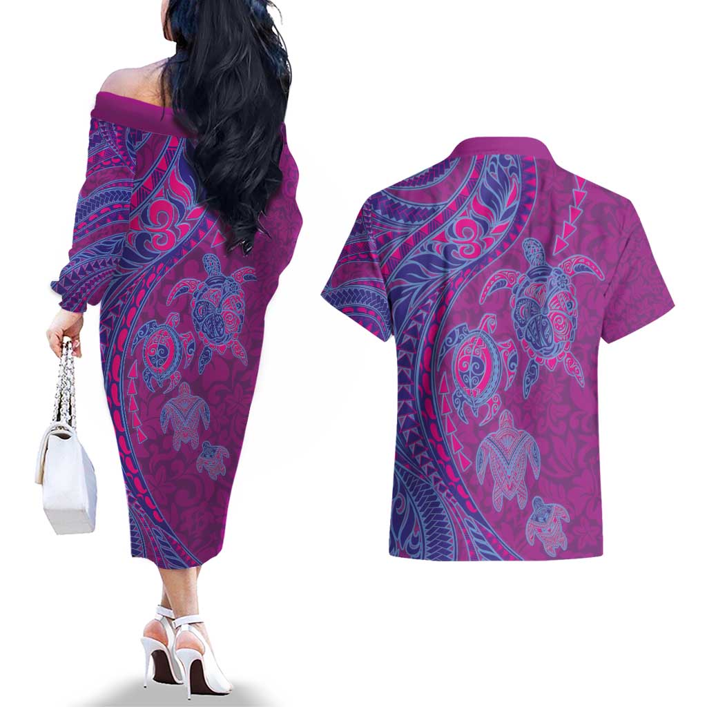 Hawaiian Turtles and Polynesian Art Tattoo Couples Matching Off The Shoulder Long Sleeve Dress and Hawaiian Shirt Cerise LT03 - Polynesian Pride