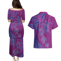 Hawaiian Turtles and Polynesian Art Tattoo Couples Matching Puletasi and Hawaiian Shirt Cerise LT03 - Polynesian Pride