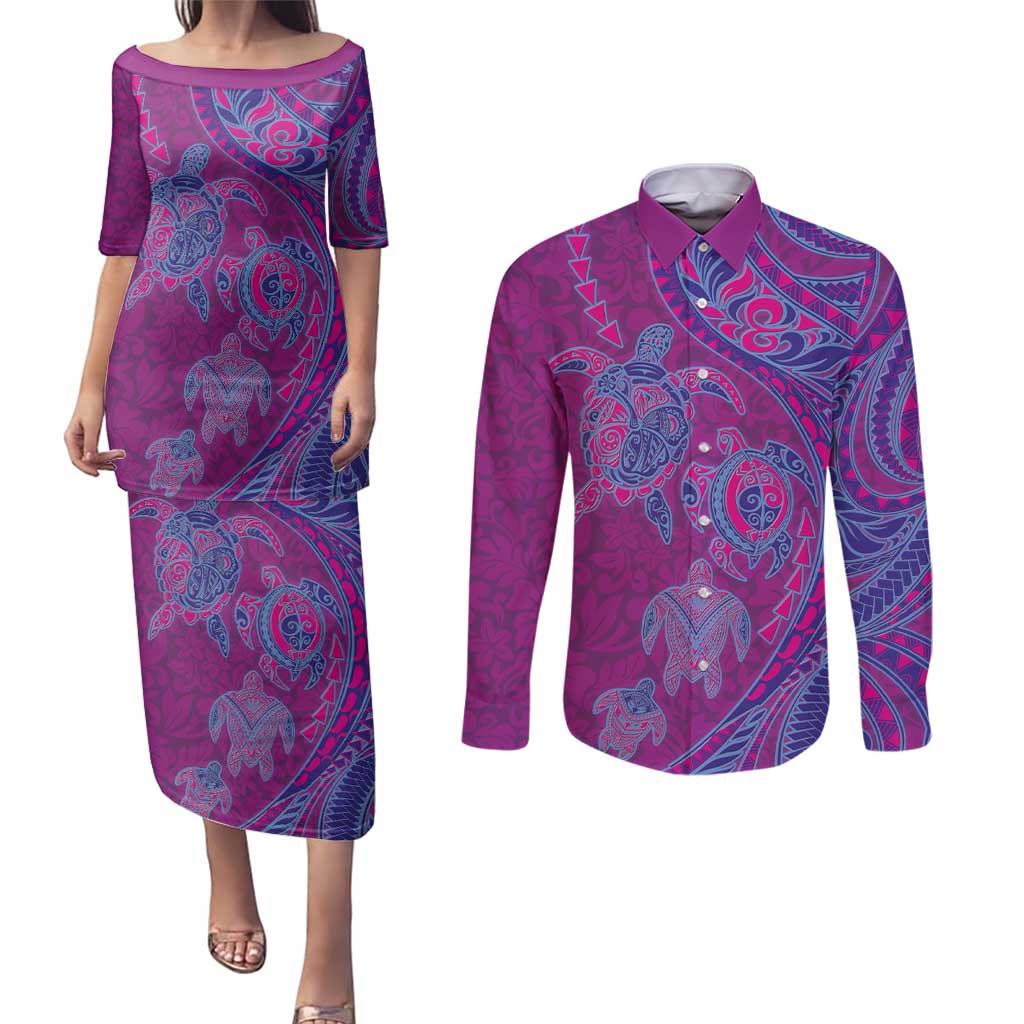 Hawaiian Turtles and Polynesian Art Tattoo Couples Matching Puletasi and Long Sleeve Button Shirt Cerise LT03 Pink - Polynesian Pride