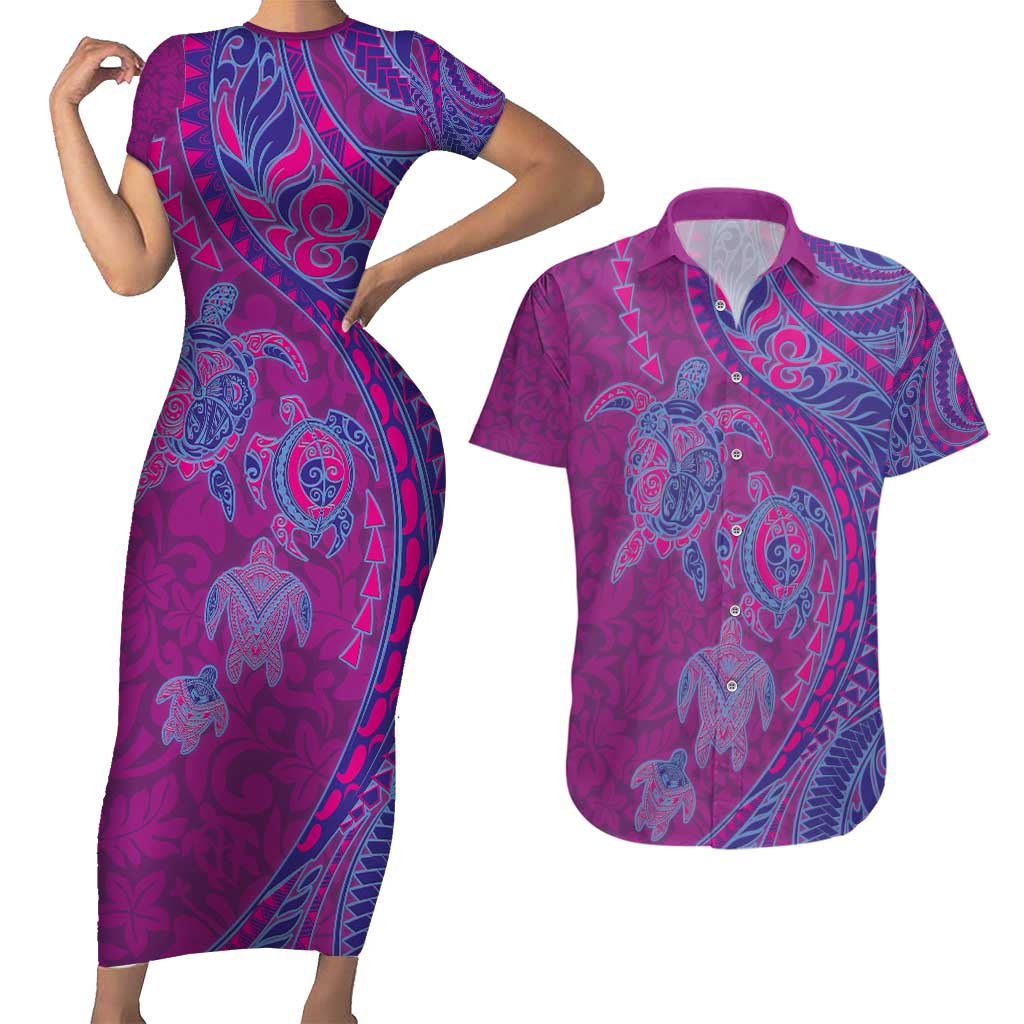 Hawaiian Turtles and Polynesian Art Tattoo Couples Matching Short Sleeve Bodycon Dress and Hawaiian Shirt Cerise LT03 Pink - Polynesian Pride