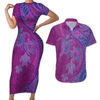 Hawaiian Turtles and Polynesian Art Tattoo Couples Matching Short Sleeve Bodycon Dress and Hawaiian Shirt Cerise LT03 Pink - Polynesian Pride