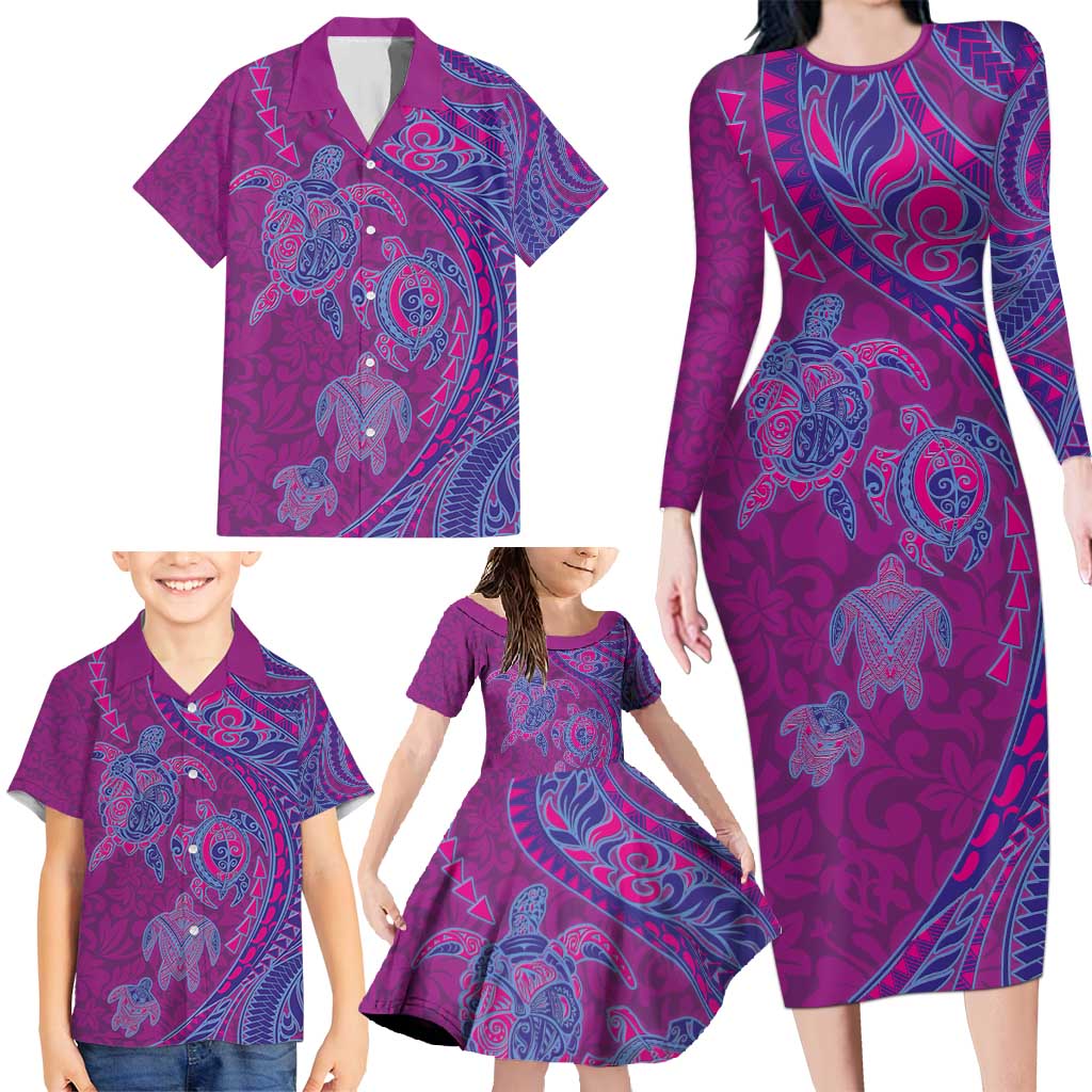 Hawaiian Turtles and Polynesian Art Tattoo Family Matching Long Sleeve Bodycon Dress and Hawaiian Shirt Cerise