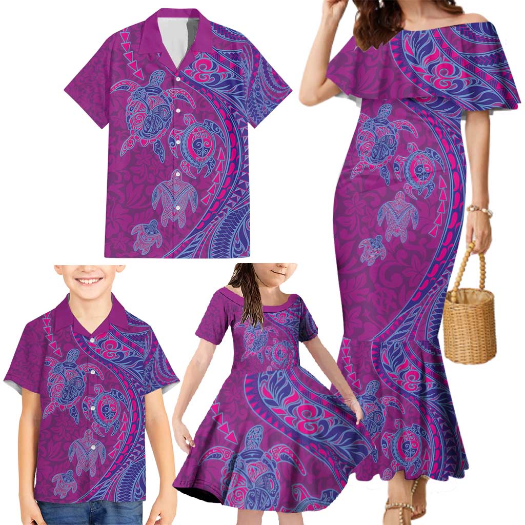 Hawaiian Turtles and Polynesian Art Tattoo Family Matching Mermaid Dress and Hawaiian Shirt Cerise