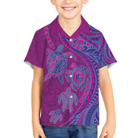 Hawaiian Turtles and Polynesian Art Tattoo Family Matching Off The Shoulder Long Sleeve Dress and Hawaiian Shirt Cerise