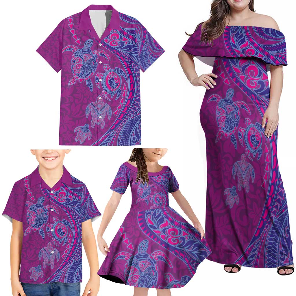 Hawaiian Turtles and Polynesian Art Tattoo Family Matching Off Shoulder Maxi Dress and Hawaiian Shirt Cerise LT03 - Polynesian Pride