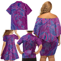 Hawaiian Turtles and Polynesian Art Tattoo Family Matching Off Shoulder Short Dress and Hawaiian Shirt Cerise