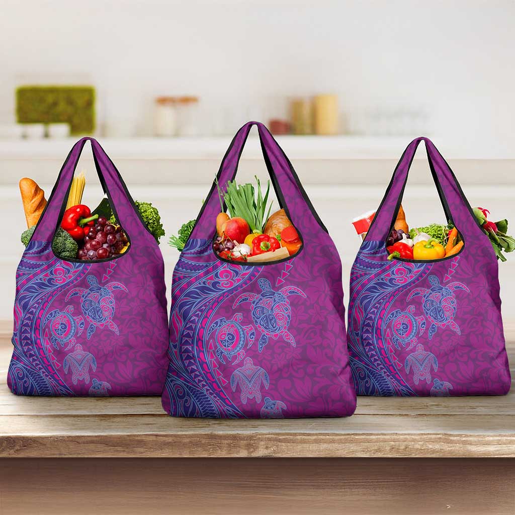 Hawaiian Turtles and Polynesian Art Tattoo Grocery Bag Cerise
