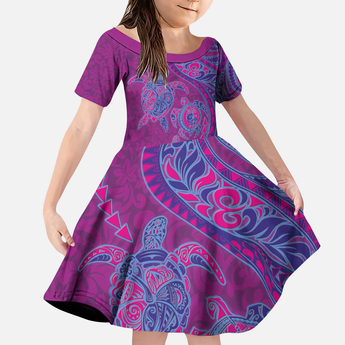 Hawaiian Turtles and Polynesian Art Tattoo Kid Short Sleeve Dress Cerise