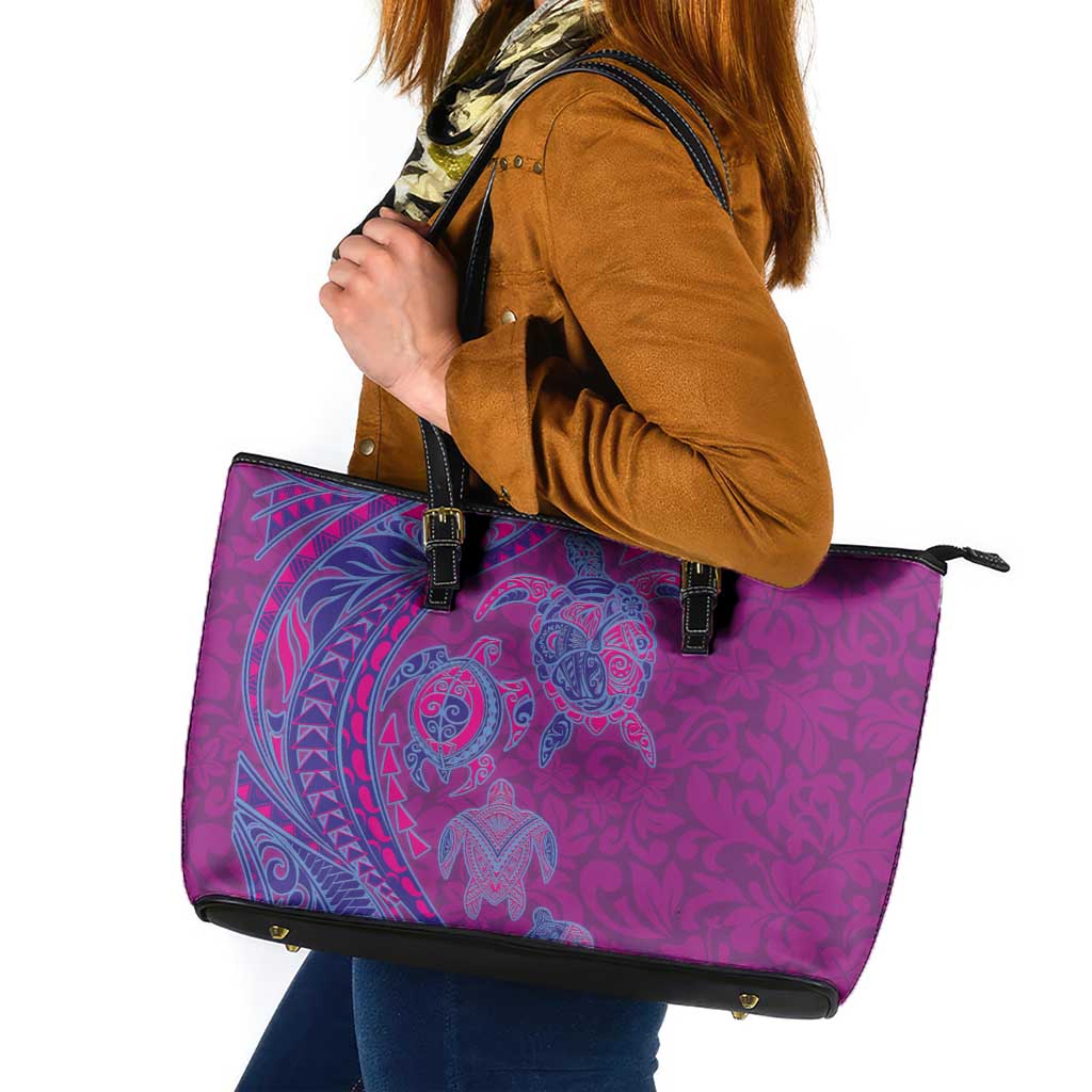 Hawaiian Turtles and Polynesian Art Tattoo Leather Tote Bag Cerise LT03 Pink - Polynesian Pride