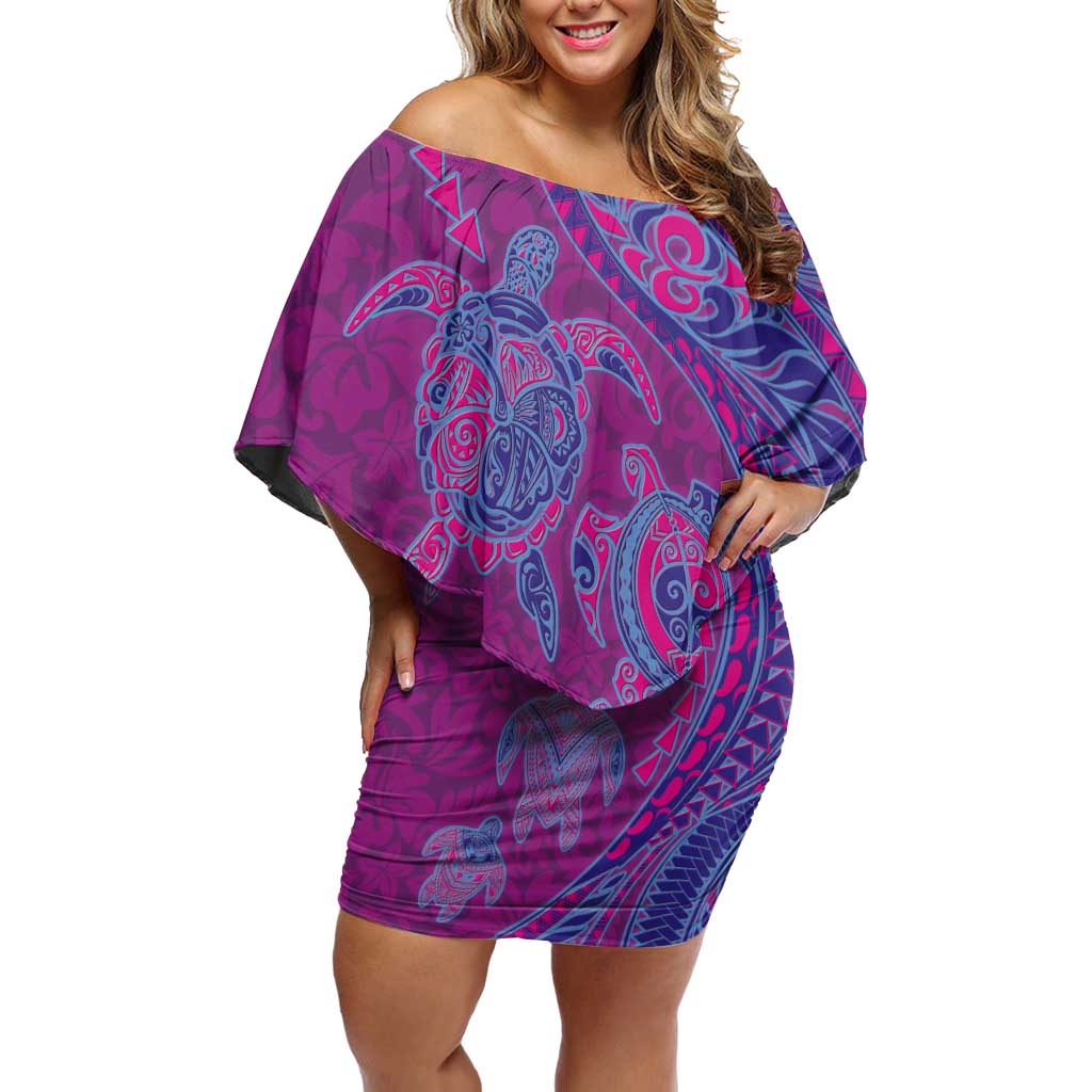 Hawaiian Turtles and Polynesian Art Tattoo Off Shoulder Short Dress Cerise