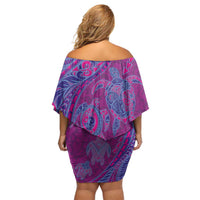 Hawaiian Turtles and Polynesian Art Tattoo Off Shoulder Short Dress Cerise