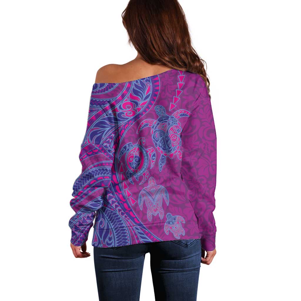 Hawaiian Turtles and Polynesian Art Tattoo Off Shoulder Sweater Cerise