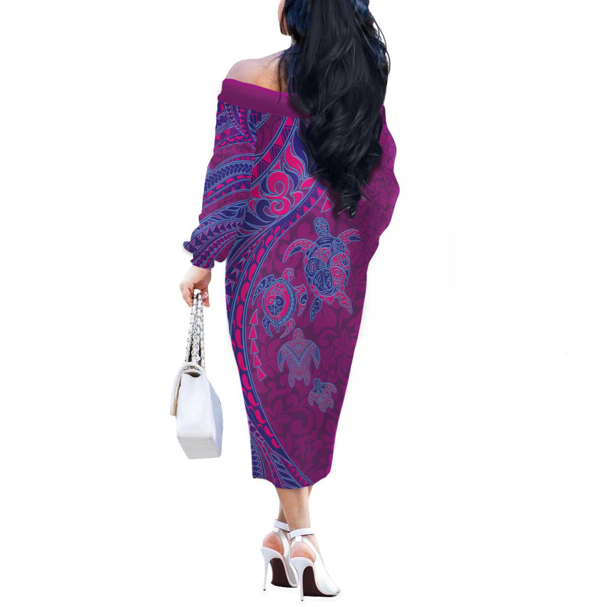 Hawaiian Turtles and Polynesian Art Tattoo Off The Shoulder Long Sleeve Dress Cerise