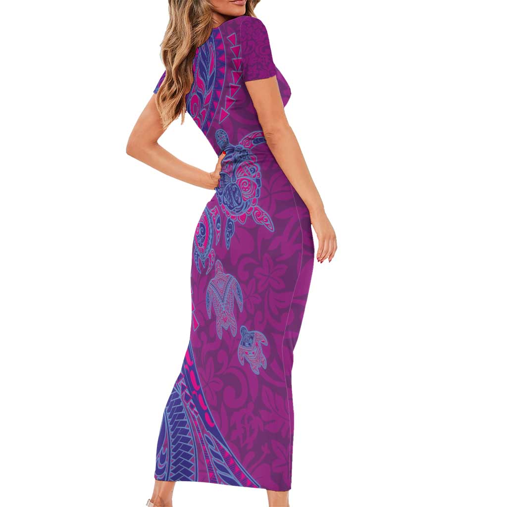 Hawaiian Turtles and Polynesian Art Tattoo Short Sleeve Bodycon Dress Cerise