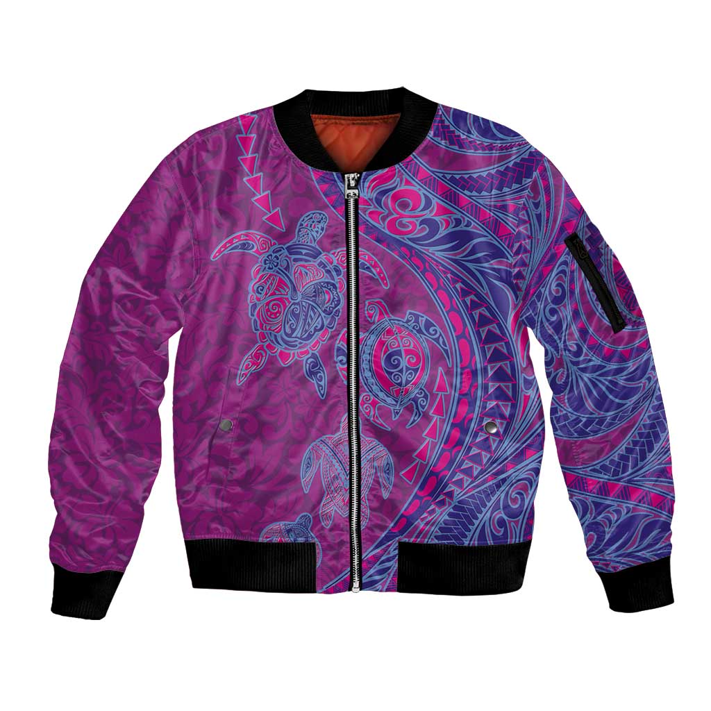 Hawaiian Turtles and Polynesian Art Tattoo Sleeve Zip Bomber Jacket Cerise LT03 Unisex Pink - Polynesian Pride