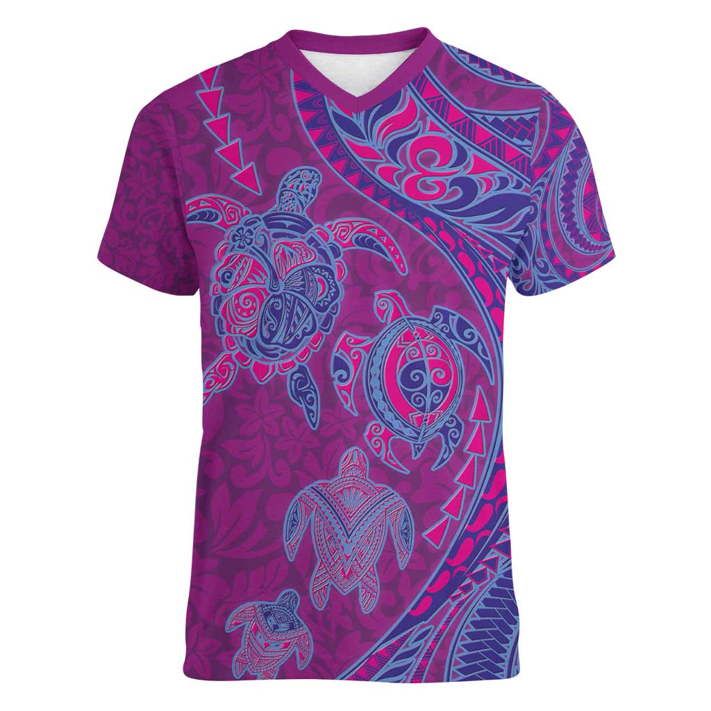 Hawaiian Turtles and Polynesian Art Tattoo Women V-Neck T-Shirt Cerise LT03 Female Pink - Polynesian Pride