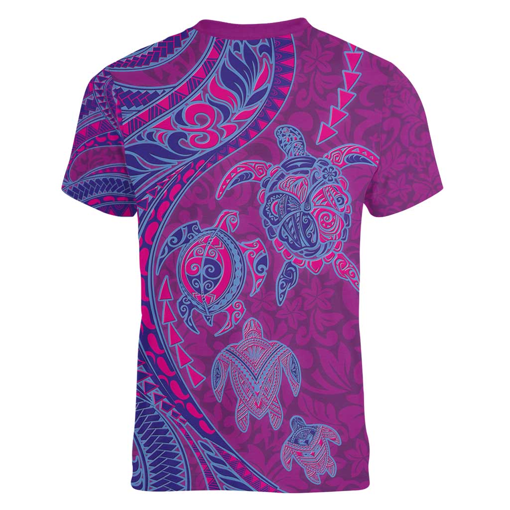Hawaiian Turtles and Polynesian Art Tattoo Women V-Neck T-Shirt Cerise LT03 - Polynesian Pride