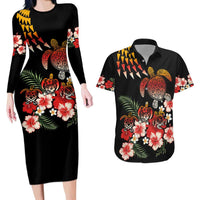 Hawaiian Hibiscus Turtle and Tropical Flower Couples Matching Long Sleeve Bodycon Dress and Hawaiian Shirt Dynamic Vibe LT03 Black - Polynesian Pride