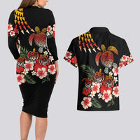 Hawaiian Hibiscus Turtle and Tropical Flower Couples Matching Long Sleeve Bodycon Dress and Hawaiian Shirt Dynamic Vibe LT03 - Polynesian Pride
