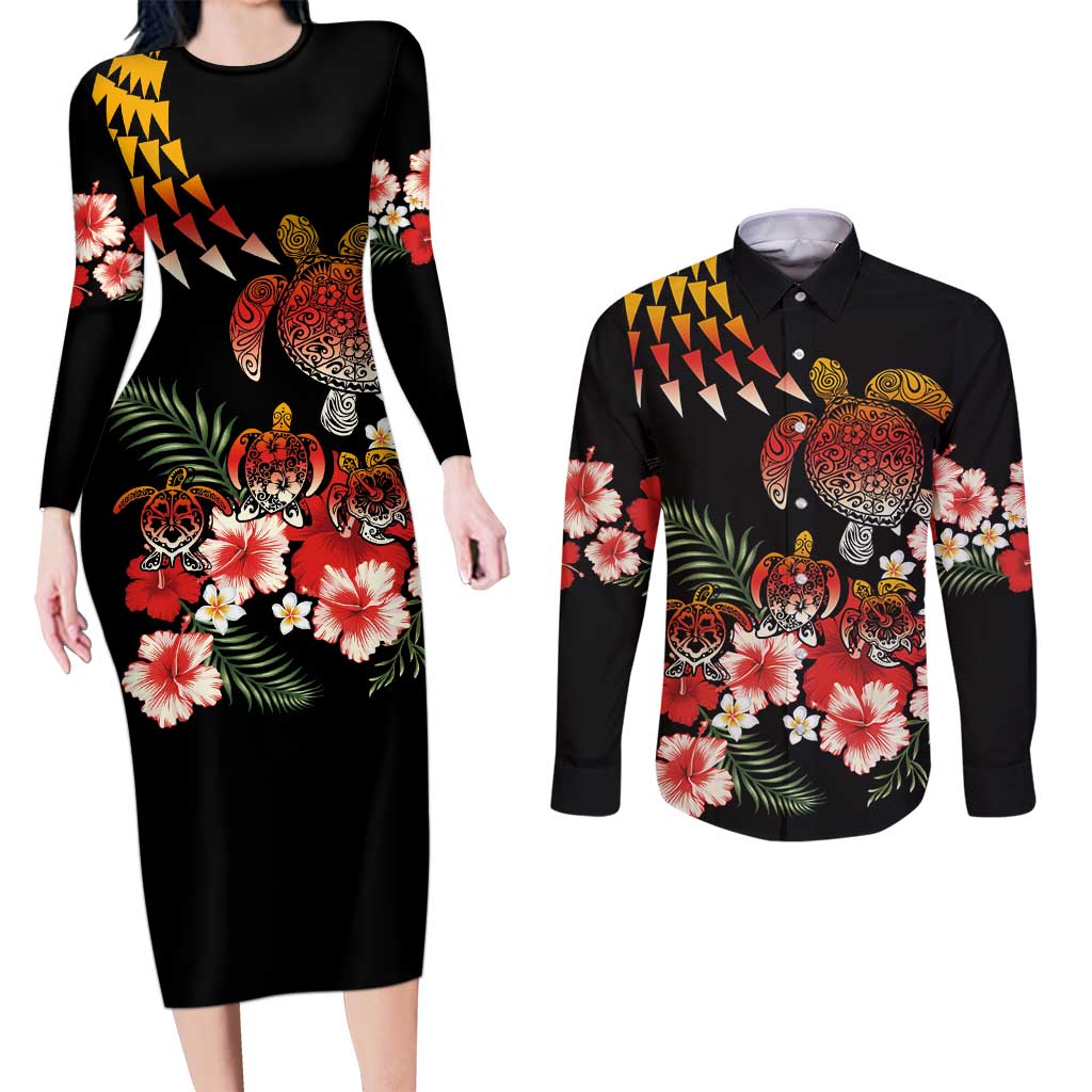 Hawaiian Hibiscus Turtle and Tropical Flower Couples Matching Long Sleeve Bodycon Dress and Long Sleeve Button Shirt Dynamic Vibe LT03 Black - Polynesian Pride
