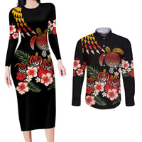 Hawaiian Hibiscus Turtle and Tropical Flower Couples Matching Long Sleeve Bodycon Dress and Long Sleeve Button Shirt Dynamic Vibe LT03 Black - Polynesian Pride