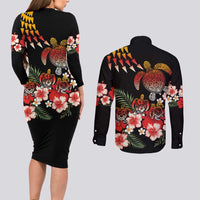 Hawaiian Hibiscus Turtle and Tropical Flower Couples Matching Long Sleeve Bodycon Dress and Long Sleeve Button Shirt Dynamic Vibe LT03 - Polynesian Pride