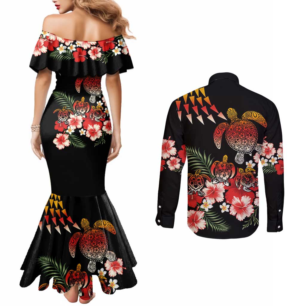 Hawaiian Hibiscus Turtle and Tropical Flower Couples Matching Mermaid Dress and Long Sleeve Button Shirt Dynamic Vibe LT03 - Polynesian Pride