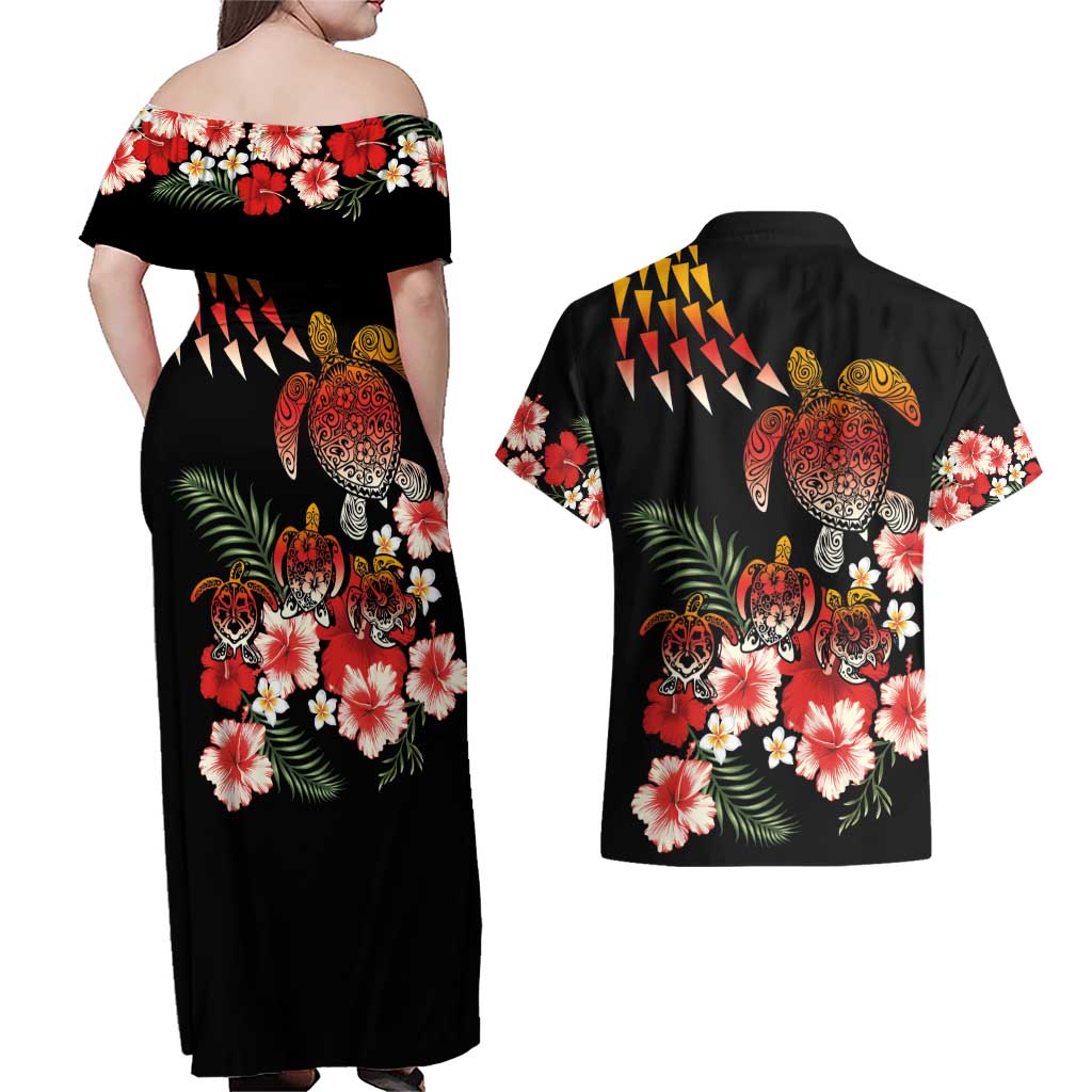 Hawaiian Hibiscus Turtle and Tropical Flower Couples Matching Off Shoulder Maxi Dress and Hawaiian Shirt Dynamic Vibe LT03 - Polynesian Pride