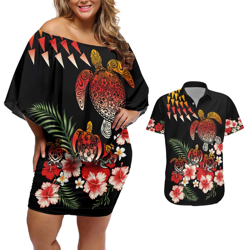 Hawaiian Hibiscus Turtle and Tropical Flower Couples Matching Off Shoulder Short Dress and Hawaiian Shirt Dynamic Vibe LT03 Black - Polynesian Pride