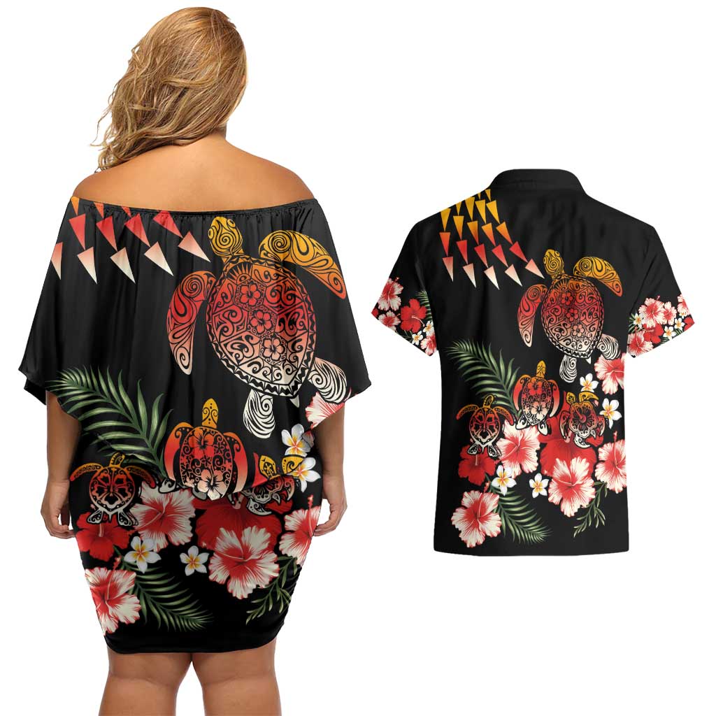 Hawaiian Hibiscus Turtle and Tropical Flower Couples Matching Off Shoulder Short Dress and Hawaiian Shirt Dynamic Vibe LT03 - Polynesian Pride