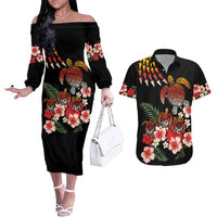 Hawaiian Hibiscus Turtle and Tropical Flower Couples Matching Off The Shoulder Long Sleeve Dress and Hawaiian Shirt Dynamic Vibe LT03 Black - Polynesian Pride