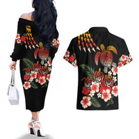 Hawaiian Hibiscus Turtle and Tropical Flower Couples Matching Off The Shoulder Long Sleeve Dress and Hawaiian Shirt Dynamic Vibe LT03 - Polynesian Pride