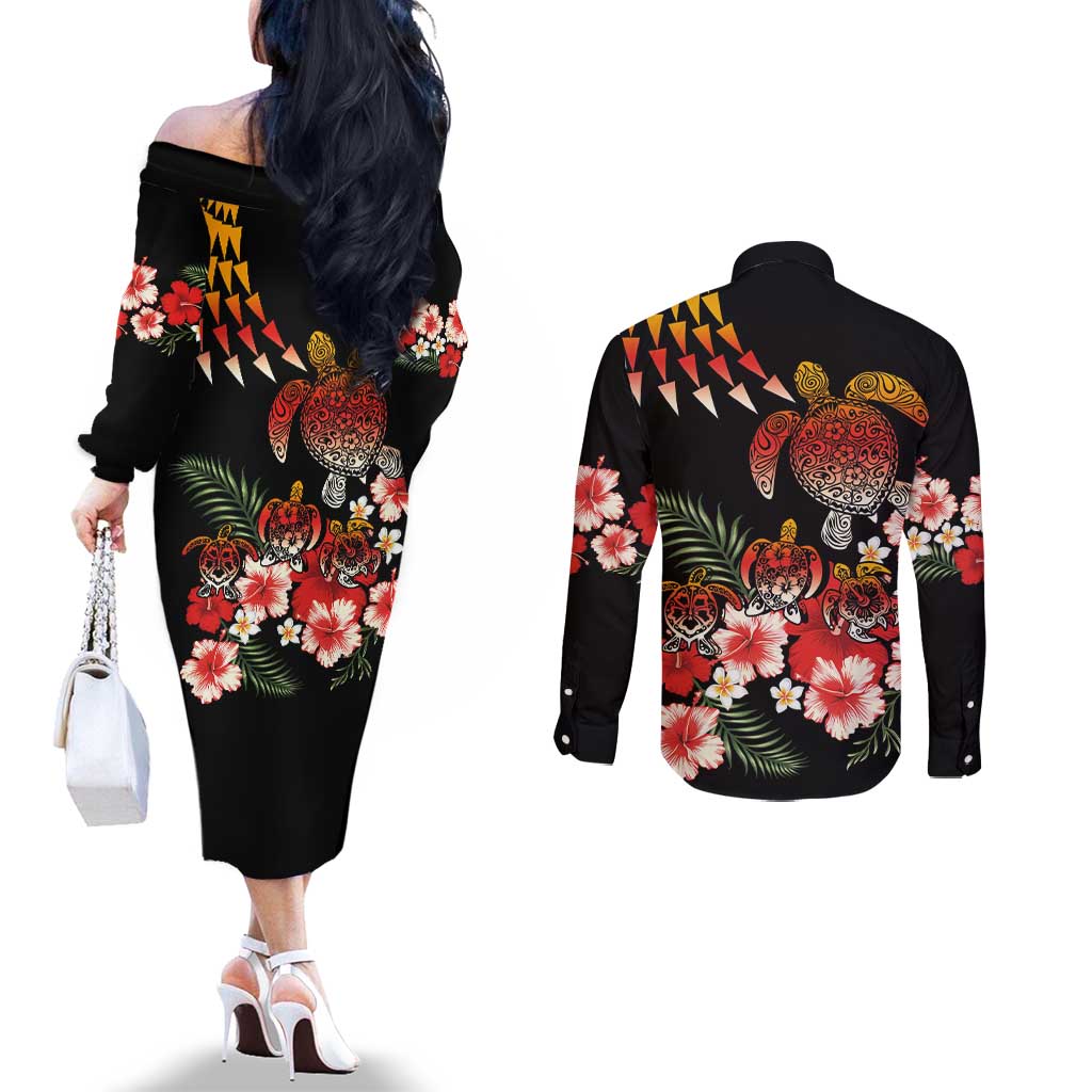 Hawaiian Hibiscus Turtle and Tropical Flower Couples Matching Off The Shoulder Long Sleeve Dress and Long Sleeve Button Shirt Dynamic Vibe LT03 - Polynesian Pride