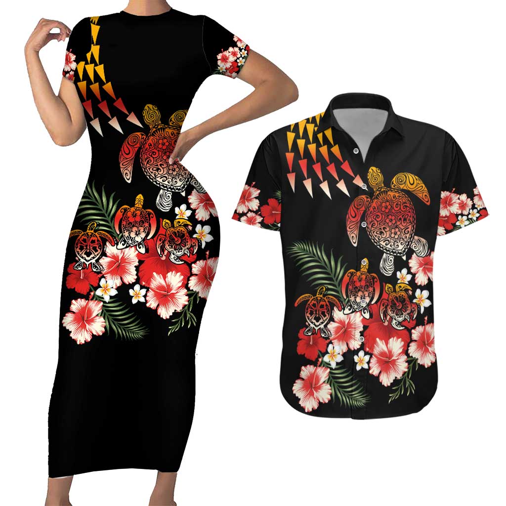 Hawaiian Hibiscus Turtle and Tropical Flower Couples Matching Short Sleeve Bodycon Dress and Hawaiian Shirt Dynamic Vibe LT03 Black - Polynesian Pride