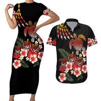Hawaiian Hibiscus Turtle and Tropical Flower Couples Matching Short Sleeve Bodycon Dress and Hawaiian Shirt Dynamic Vibe LT03 Black - Polynesian Pride