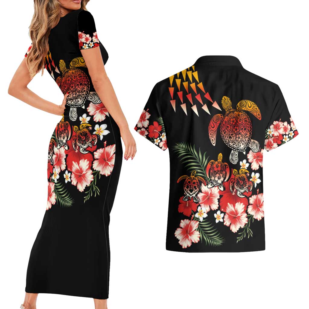 Hawaiian Hibiscus Turtle and Tropical Flower Couples Matching Short Sleeve Bodycon Dress and Hawaiian Shirt Dynamic Vibe LT03 - Polynesian Pride