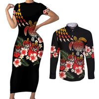 Hawaiian Hibiscus Turtle and Tropical Flower Couples Matching Short Sleeve Bodycon Dress and Long Sleeve Button Shirt Dynamic Vibe LT03 Black - Polynesian Pride