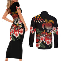 Hawaiian Hibiscus Turtle and Tropical Flower Couples Matching Short Sleeve Bodycon Dress and Long Sleeve Button Shirt Dynamic Vibe LT03 - Polynesian Pride