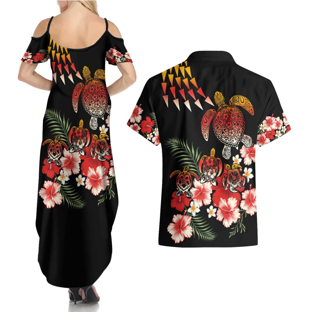 Hawaiian Hibiscus Turtle and Tropical Flower Couples Matching Summer Maxi Dress and Hawaiian Shirt Dynamic Vibe LT03 - Polynesian Pride