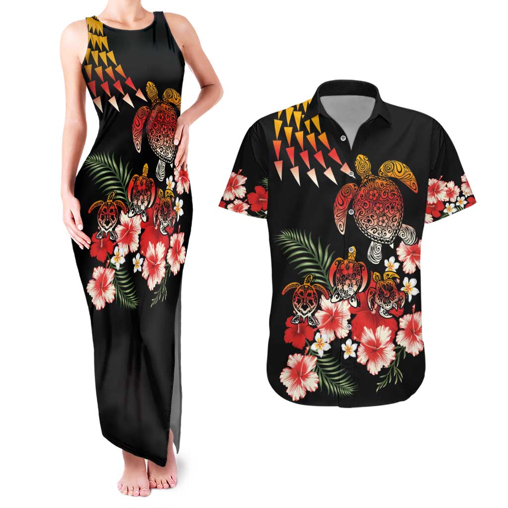 Hawaiian Hibiscus Turtle and Tropical Flower Couples Matching Tank Maxi Dress and Hawaiian Shirt Dynamic Vibe LT03 Black - Polynesian Pride