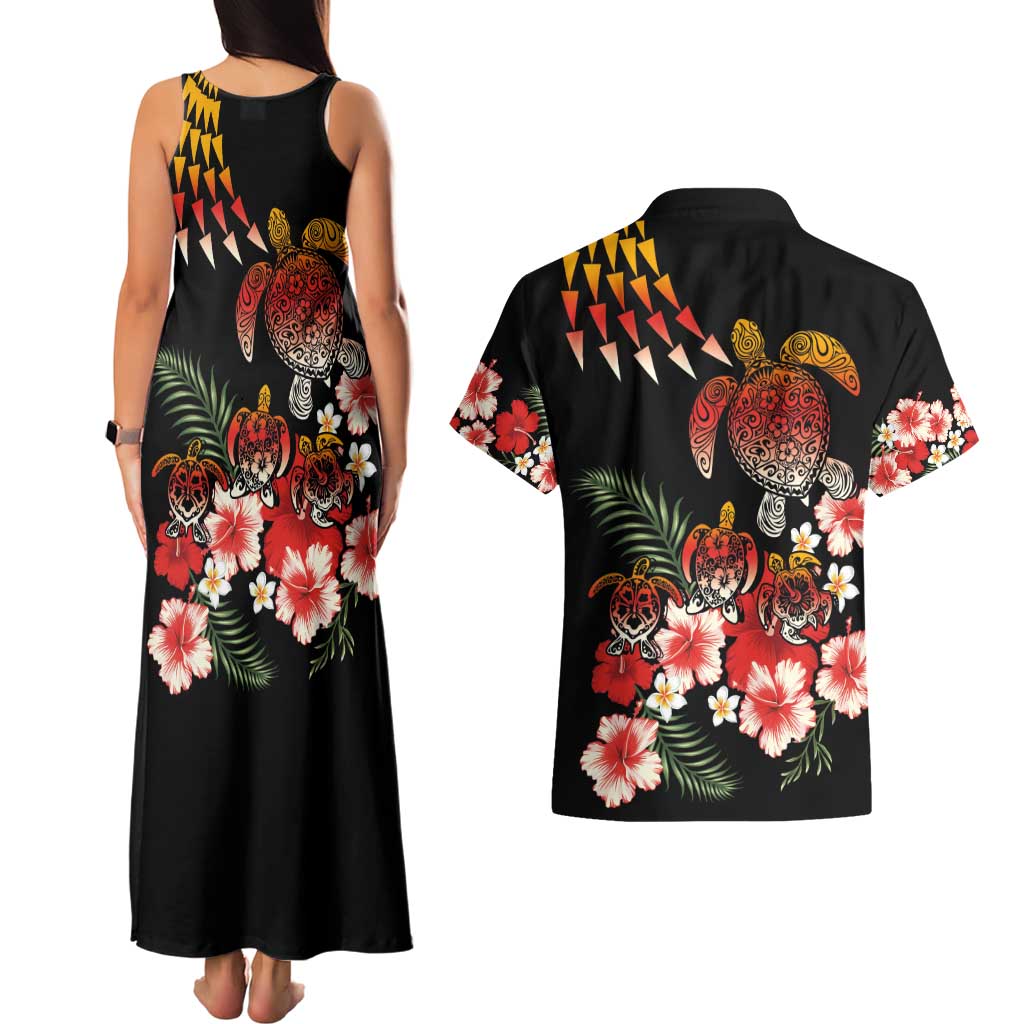Hawaiian Hibiscus Turtle and Tropical Flower Couples Matching Tank Maxi Dress and Hawaiian Shirt Dynamic Vibe LT03 - Polynesian Pride