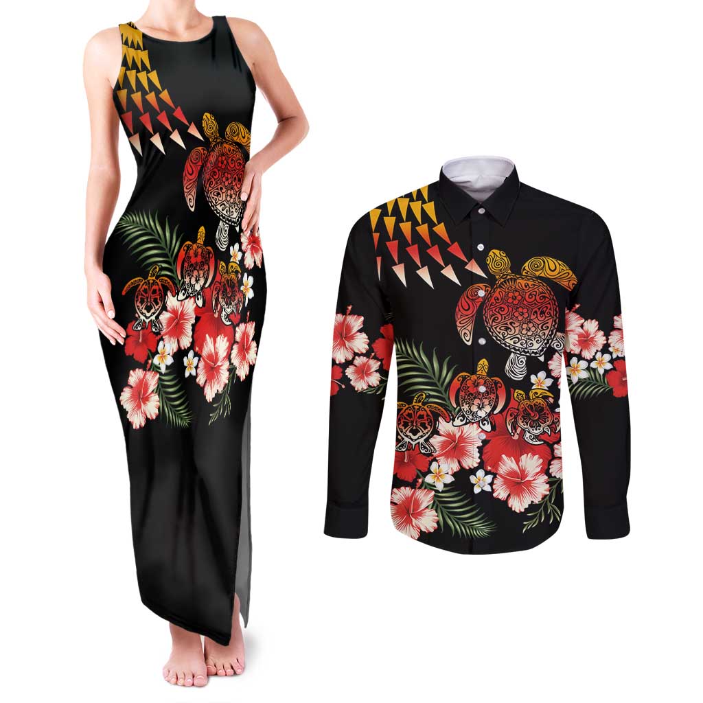 Hawaiian Hibiscus Turtle and Tropical Flower Couples Matching Tank Maxi Dress and Long Sleeve Button Shirt Dynamic Vibe
