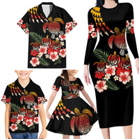 Hawaiian Hibiscus Turtle and Tropical Flower Family Matching Long Sleeve Bodycon Dress and Hawaiian Shirt Dynamic Vibe LT03 - Polynesian Pride