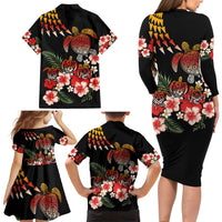 Hawaiian Hibiscus Turtle and Tropical Flower Family Matching Long Sleeve Bodycon Dress and Hawaiian Shirt Dynamic Vibe LT03 - Polynesian Pride